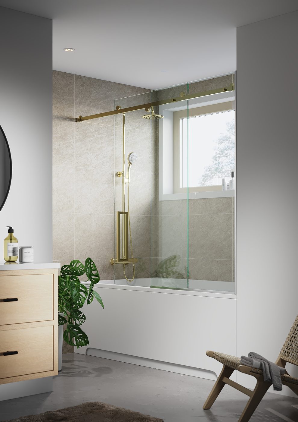 A fresh bathtub cleanly installed with a glass screen