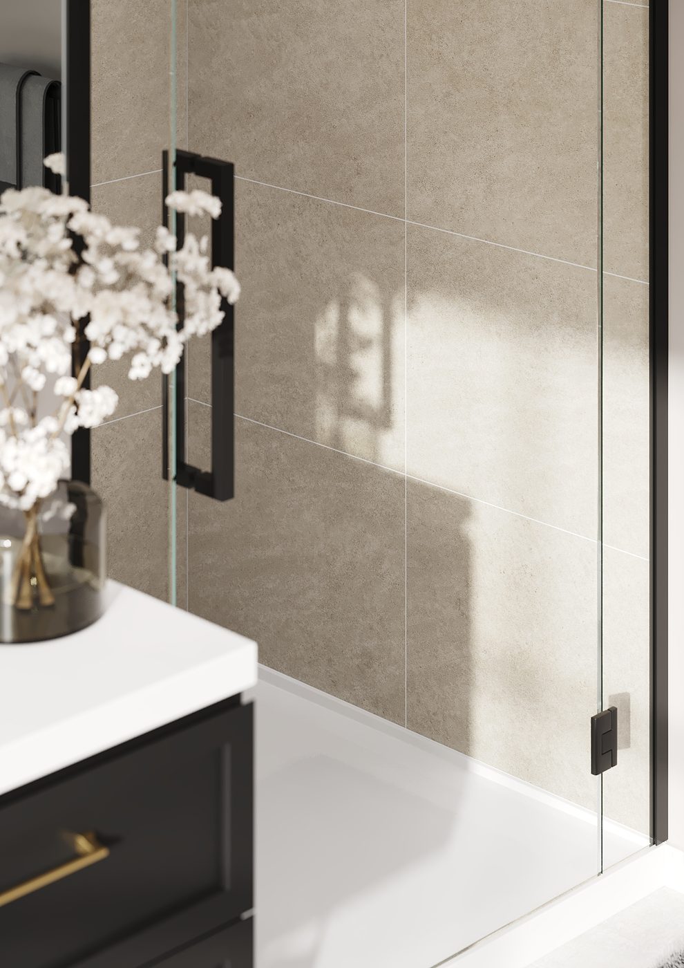 A finished walk-in shower with grey stone-look walls